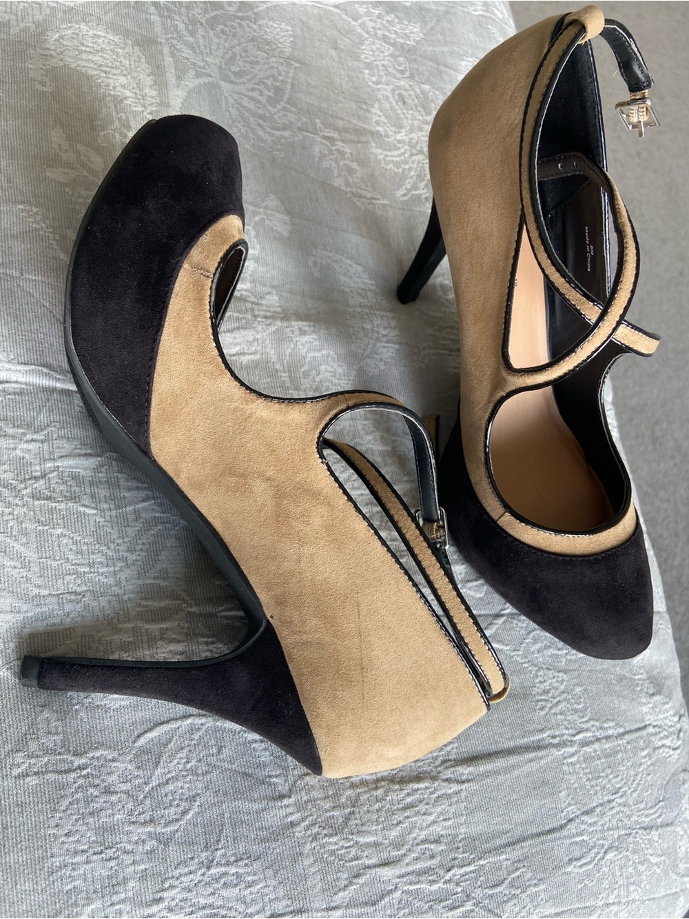 Mary Jane Two-Tone Black and Tan Suede High Heels
